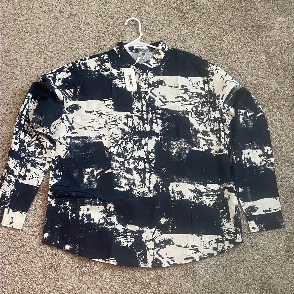 Abstract Black and White Button-Up Shirt
